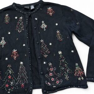 Erika Women's Black Beaded Christmas‎ Tree Cardigan Size M Ugly Sweater